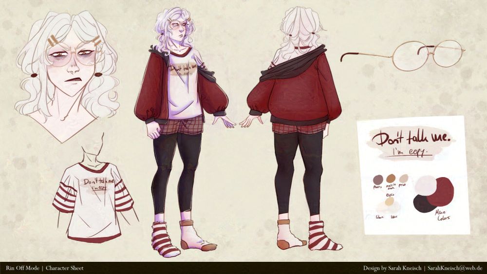 Character design sheet of the character Ria Chao Róng (nickname Rin) in her Off modus.
She wears her white, wavy hair in low, messy pigtails. Her bangs are parted in the middle with four golden hair clips. She is wearing golden, round glasses. She is wearing a white shirt with red stripes that says "Don't talk to me, I'm eepy". Over that she wears a red hoody with a black hood.
She wears black leggins under red striped short shorts. Her socks are mismatched.