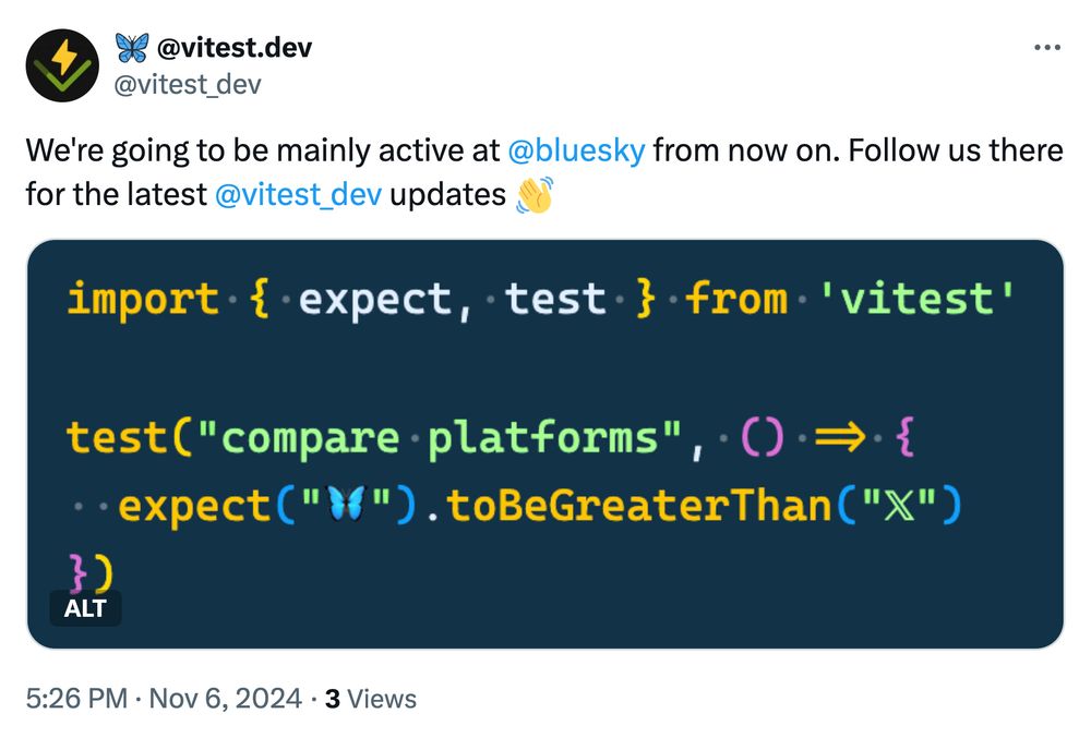Vitest posts to X that is going to be mainly active in bluesky from now on. And that the community should join here for updates.