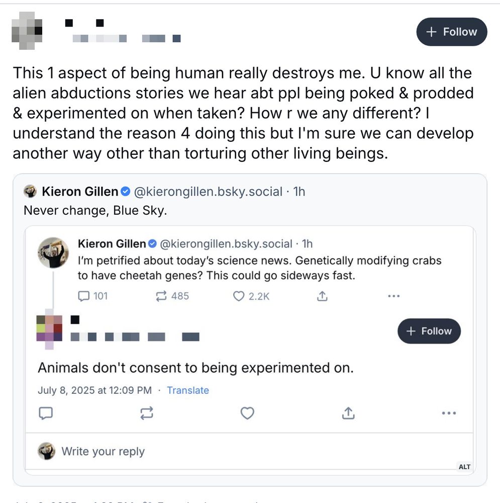 Quote tweet of my screen grab. Quote is taking post about genetically modifying crabs to have cheetah genes seriously. Sorry no full transcript, but I blocked the original poster before realising this may be worth posting. In short <shrug Emoji>