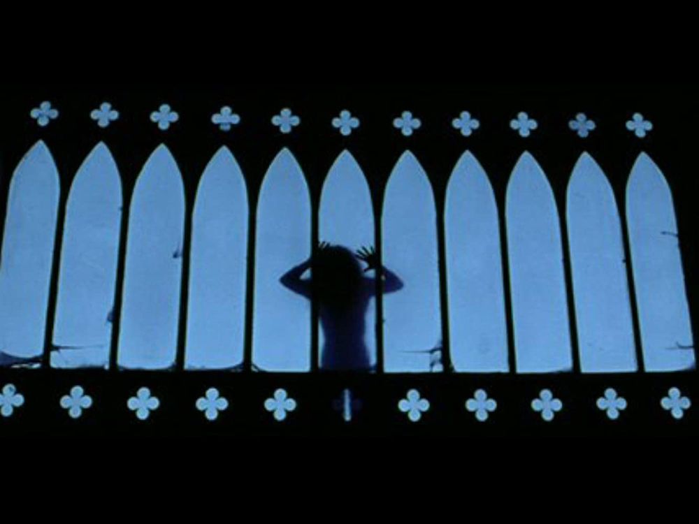 Image from Messiah of Evil of the silhouette off woman behind glass, appearing as if she’s trying to claw her way out…or in 