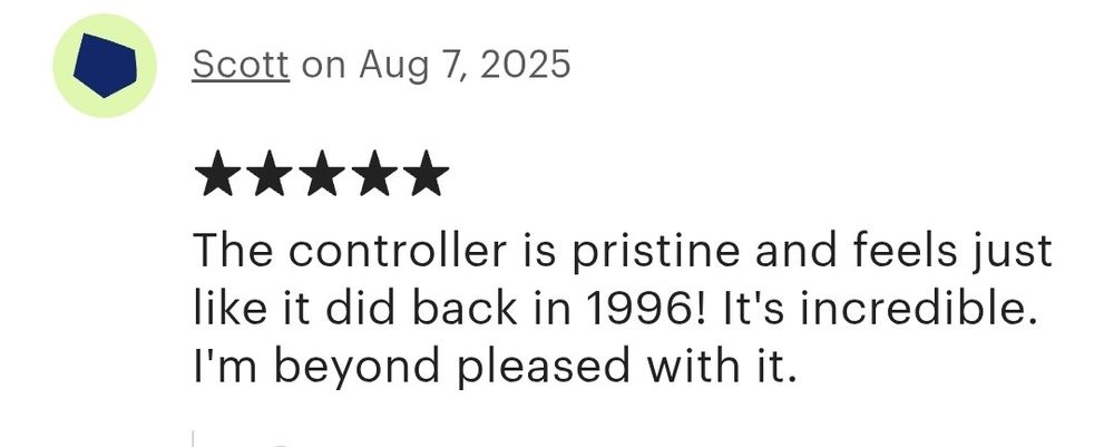A review for the Remnant Controllers Etsy shop. It reads: "The controller is pristine and feels just like it did back in 1996! It's incredible. I'm beyond pleased with it."