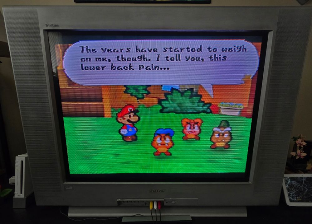 A scene from Paper Mario 64 on the Nintendo 64 where Goom-pa tells Mario, Goombario, and Goombaria of his lower pack pain. 
