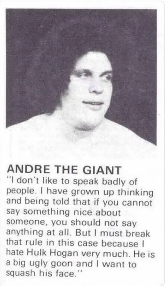 Quote from Andre the Giant calling out his hatred for Hulk Hogan as a Big Ugly Goon