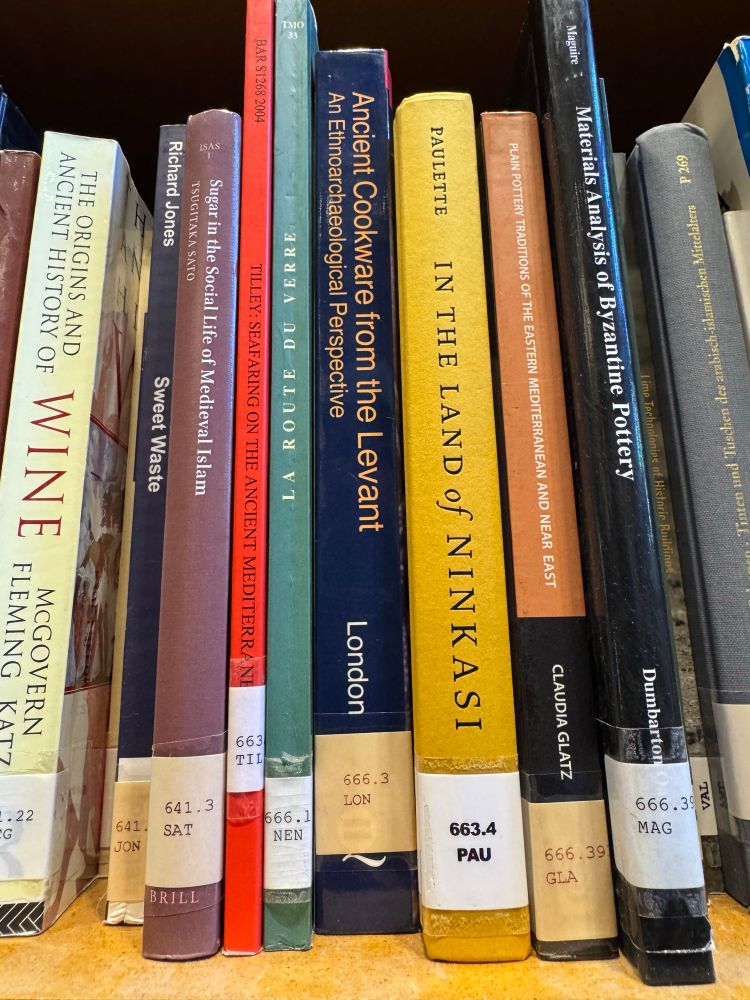 Photo showing close-up of bookshelf in the “Technology—Ancient” section at the CAARI library in Nicosia, highlighting the book In the Land of Ninkasi by Tate Paulette.