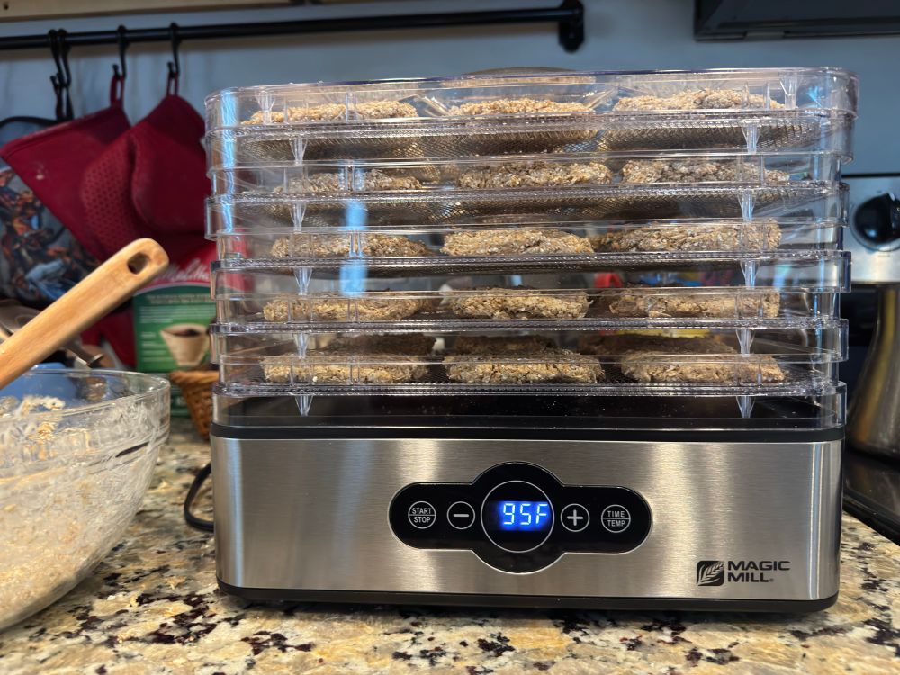 Photo showing a dehydrator full of small experimental cakes of bappir
