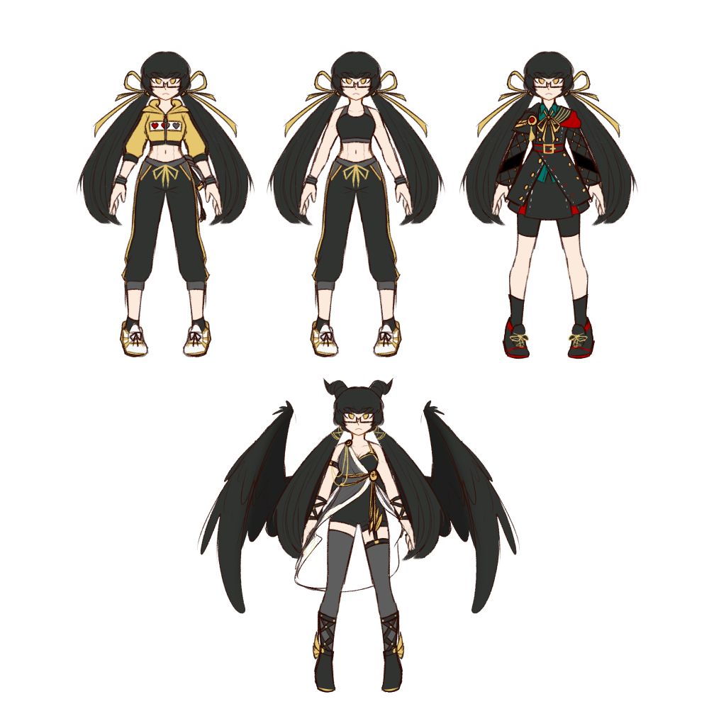 A sketch reference of my Obey Me OC, Athena!

Athena is a short athletic girl with black long hair tied into ponytails with long ribbons and yellow eyes. She usually prefers sporty style of clothing

The ref includes her demon form from Nightbringer, where she has wings, horns and her clothes are just a nod to her name ahahahah