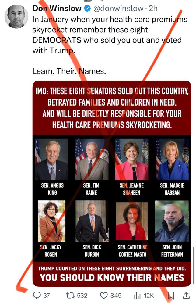 A screenshot of a bullshit post by Don Winslow blaming the eight Senate Dems, who voted for the second CR instead of blaming every single Republican who voted for Trump‘s big ugly Republican Budget bill that cut the ACA tax credits in the first place.