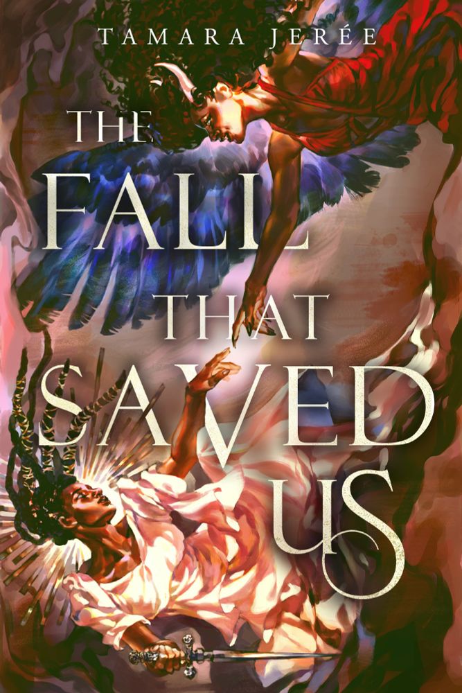 An illustrated book cover featuring two Black figures posed like Michelangelo's painting The Creation of Adam. At the top of the cover, a horned succubus with wings reaches for a haloed woman with braids. The angelic woman is dressed in white and holds a dagger in her right hand. Illustration by Syd Mills (@vetyyr)