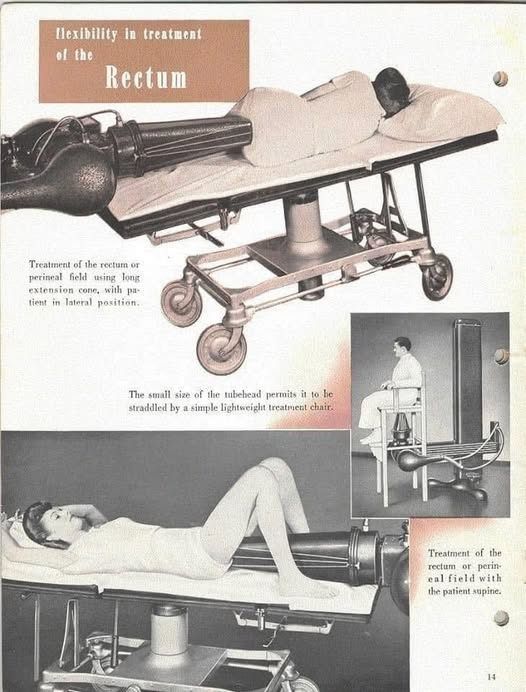 page from some kind of medical journal. text box at the top reads "flexibility in treatment of the rectum." there are several illustrations of patients lying in a bed with a large metal device pressed into their rectums. 