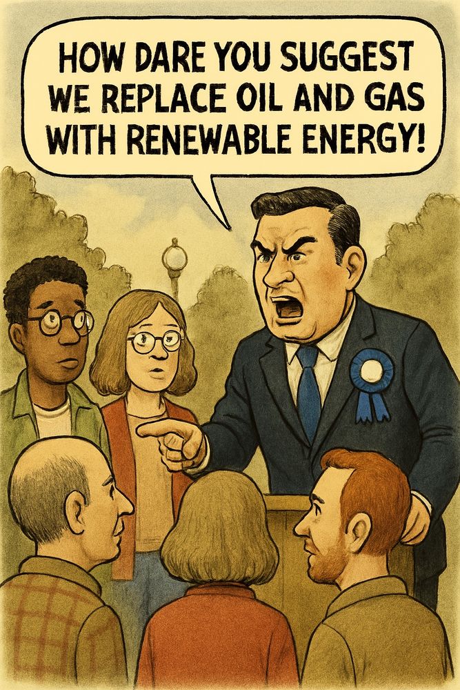 Reform MP offended by suggesting oil and gas are replaced by renewable energy.