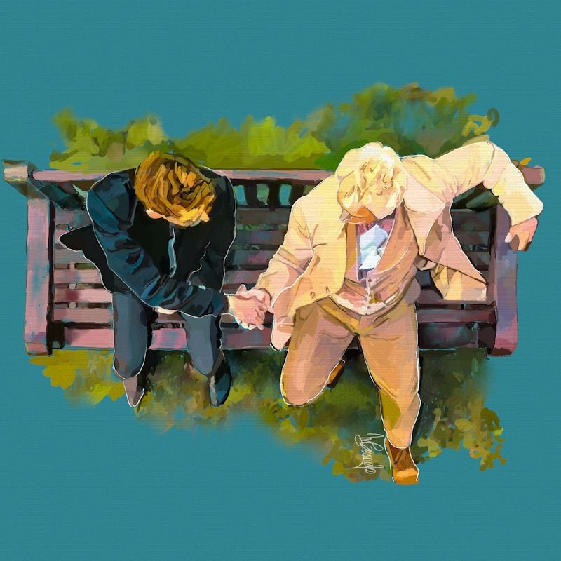 A drawing of the Angel Aziraphale  (actor Michael Sheen)and the Demon Crowley (David Tennant) from the Neil Gaiman’s Series ’Good Omens ’.
They’re sitting on a bench and shaking hands, 
They are seen from above, The background is teal and plain, there are a few plants and grass under the bench and behind.
Crowley is wearing all black and Aziraphale beige colors.