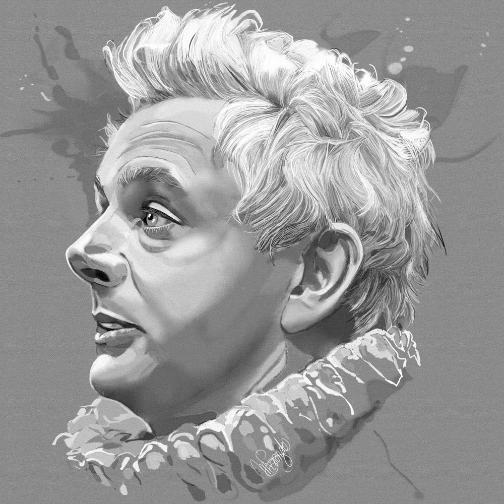 A portrait with different kind of inks of Aziraphale in ’Good Omens’. It’s black and white’,  Aziraphale is on profile and look away attentively with his mouth half-open