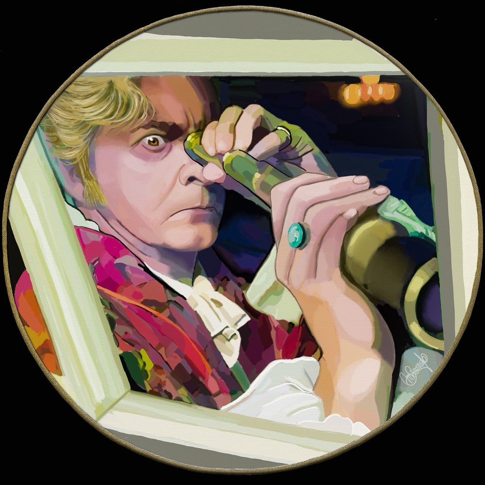 The Pirate Stede Bonnet, as Rhys Darby in David Jenkins’s Series ’Our Flag Means Death’ . He’s looking  through a spyglass and seems very upset .He’s wearing a very colorful silk robe and a big turquoise ring.