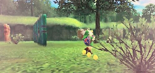 GIF of Link from Majora's Mask with the Bremen mask, playing the ocarina and marching with four Cucco chicks following him