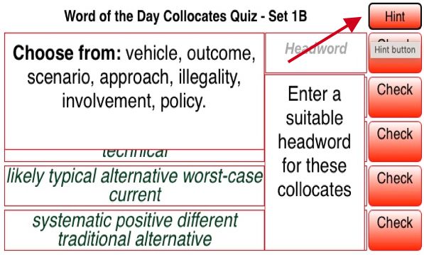Showing Hint button on Academic Word of the Day Collocate Quizzes.