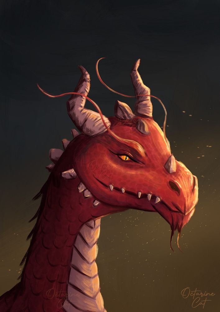 Red dragon digital illustration with visible fangs. The background is dark and turning to dirty yellow.