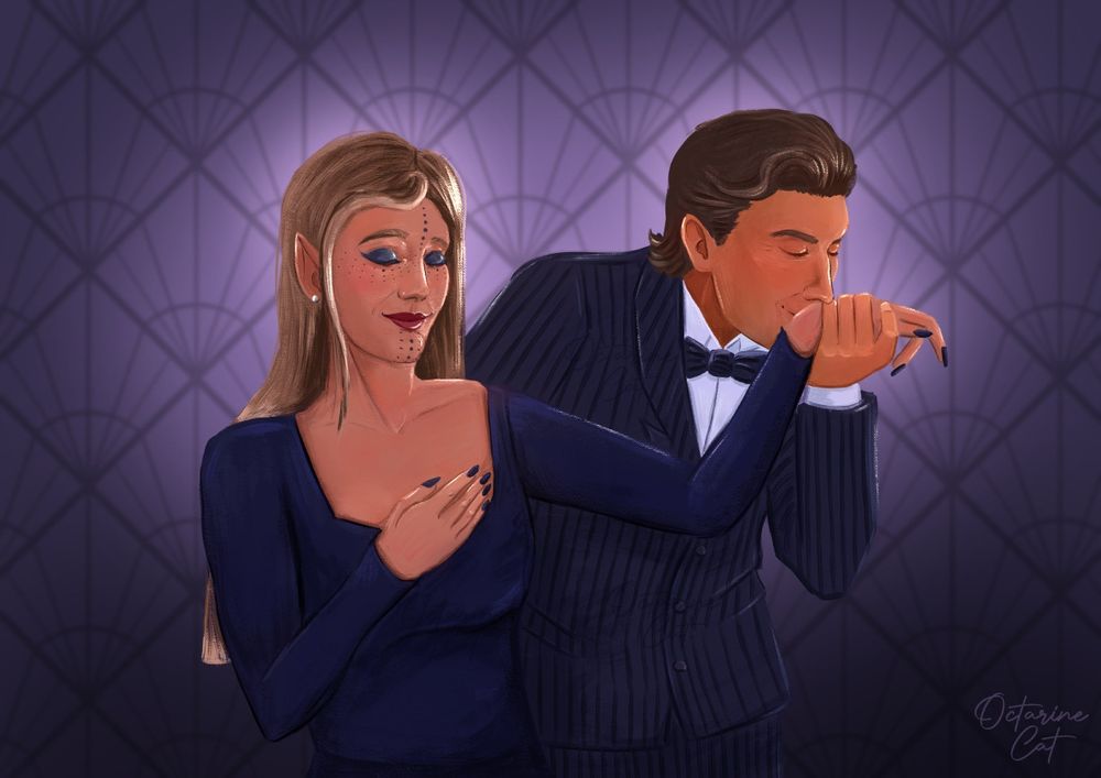 Beautiful women in dark blue dress with a bliss on her face. Next to her is Raphael, kissing her hand. Raphael is wearing dark suit with darker stripes, bow and white shirt. Art is a commission made by @octarinecat