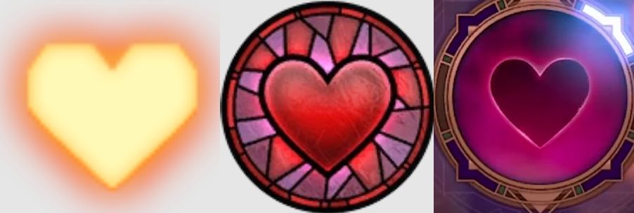 Three different romance heart symbols from the dialogue wheel in the Dragon Age video game series.
