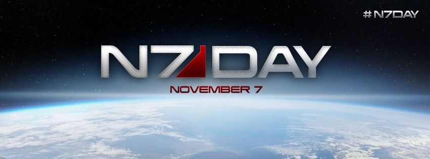 A graphic from an old BioWare Blog - a banner for N7 Day. The text "N7 Day: November 7" is shown in white and red, along with the N7 logo, set against a backdrop view of Earth from space. In the top right hand corner white text reads "#N7Day". Stars speckle the sky above Earth and a classic Mass Effect lens flare beams across the center of the image.