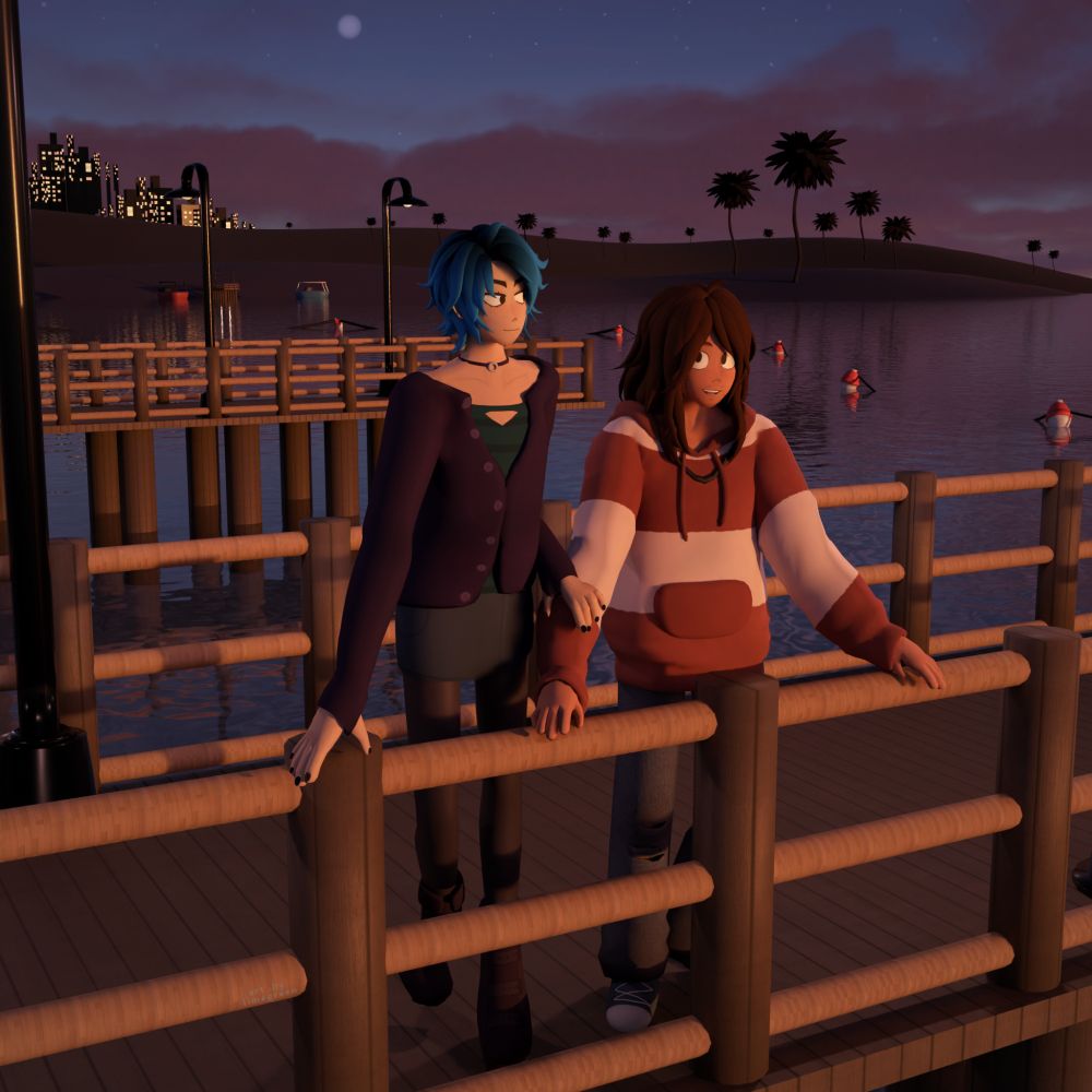 kami (left) and cori (right) (both ocs) stand together on a wooden pier over the water at sunset. the background has another pier, a few small boats, a shore dotted with palm trees, and a distant city. 