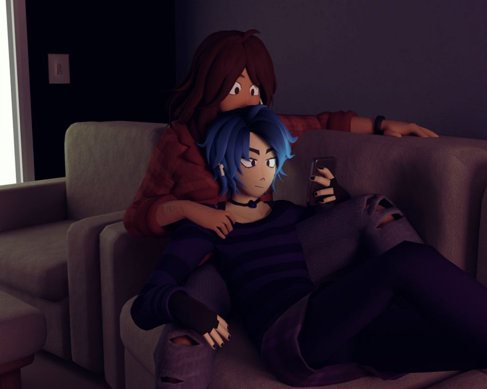 cori and kami (ocs) reclining on a couch together in a dim room. kami is laying against cori as she scrolls her phone. 
