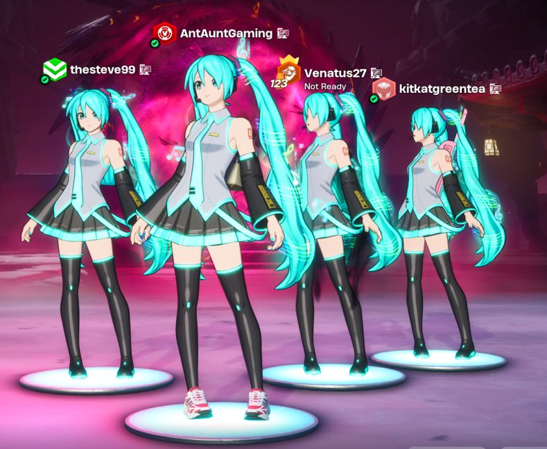 A fortnite lobby with four players, all with a hatsune miku skin from Fortnite