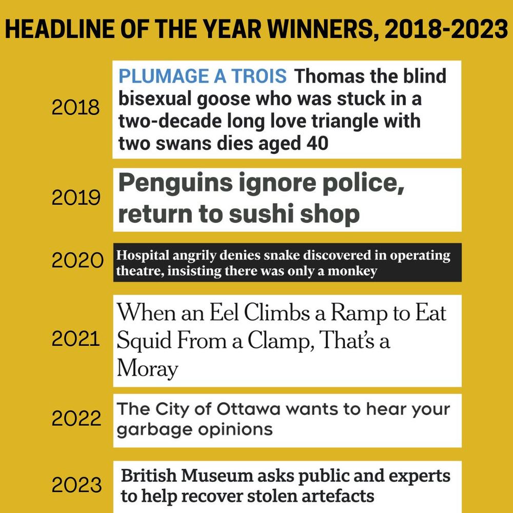 HEADLINE OF THE YEAR WINNERS, 2018-2023

2018 PLUMAGE A TROIS Thomas the blind bisexual goose who was stuck in a two-decade long love triangle with two swans dies aged 40
2019 Penguins ignore police, return to sushi shop
2020 Hospital angrily denies snake discovered in operating theatre, insisting there was only a monkey
2021 When an Eel Climbs a Ramp to Eat Squid From a Clamp, That's a Moray
2022 The City of Ottawa wants to hear your garbage opinions
2023 British Museum asks public and experts to help recover stolen artefacts