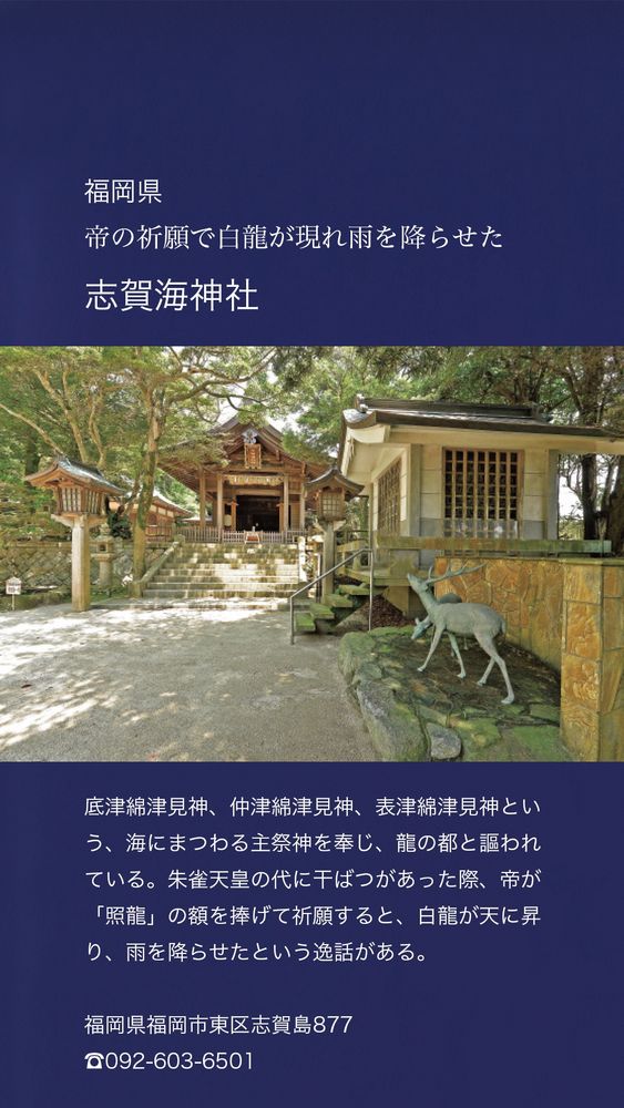 福岡県
帝の祈願で白龍が現れ雨を降らせた
志賀海神社
底津綿津見神、仲津綿津見神、表津綿津見神という、海にまつわる主祭神を奉じ、龍の都と謳われている。朱雀天皇の代に干ばつがあった際、帝が「照能」の額を捧げて祈願すると、白が天に昇り、雨を降らせたという逸話がある。
福岡県福岡市東区志賀島877
0092-603-6501