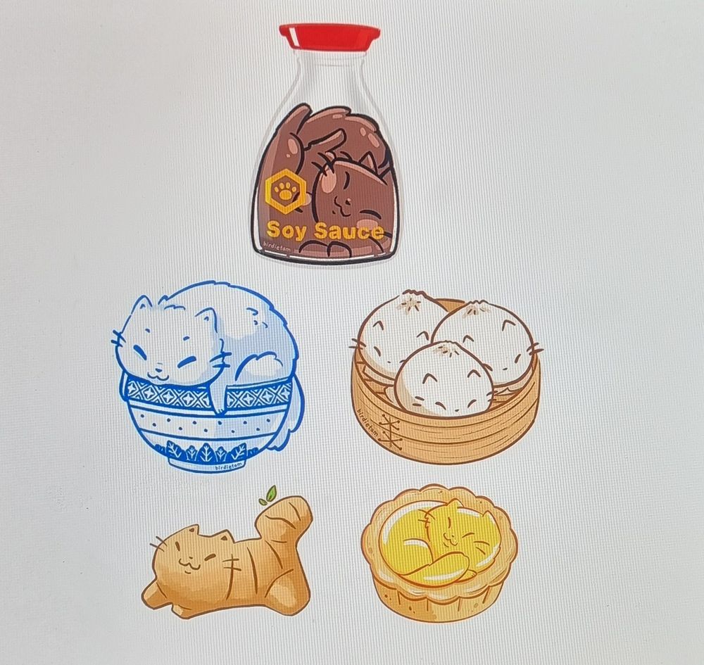 A digital image of cats as various Chinese inspired foods