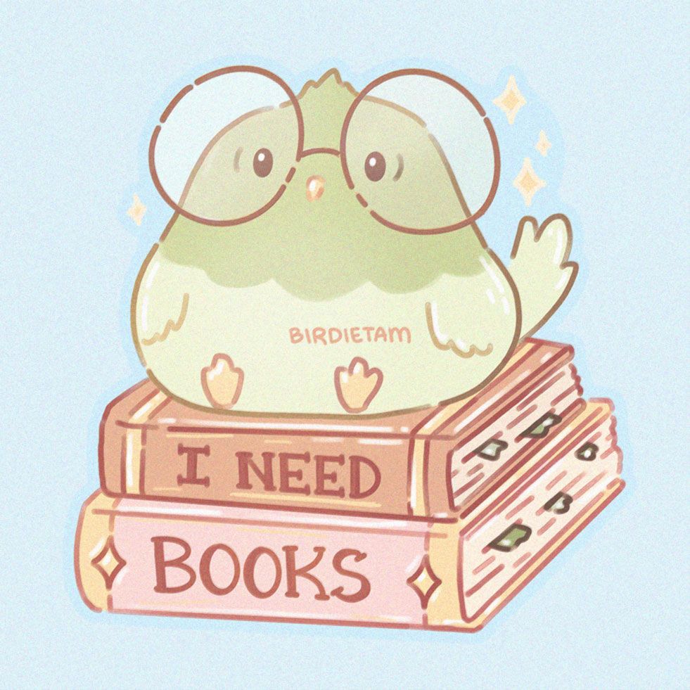 A digital illustration of a cute green pigeon on a pile of books that says "I need books"