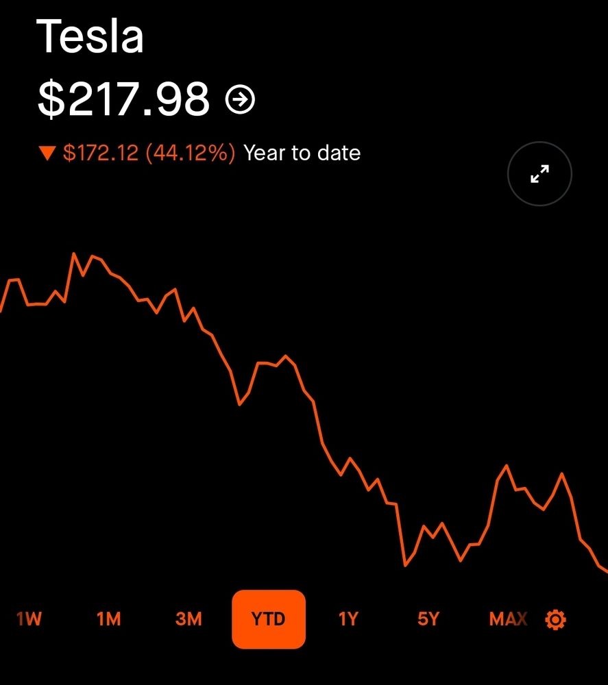 Tesla share price, down 44% since the start of the year. Currently at $218.