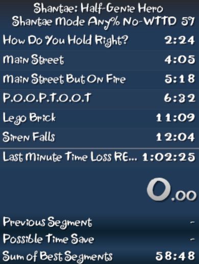Speedrun splits for Shantae: Half-Genie Hero, showing a PB of 1:02:25 and a Sum of Best of 58:48. That's about 3 and a half minutes of time save potential.