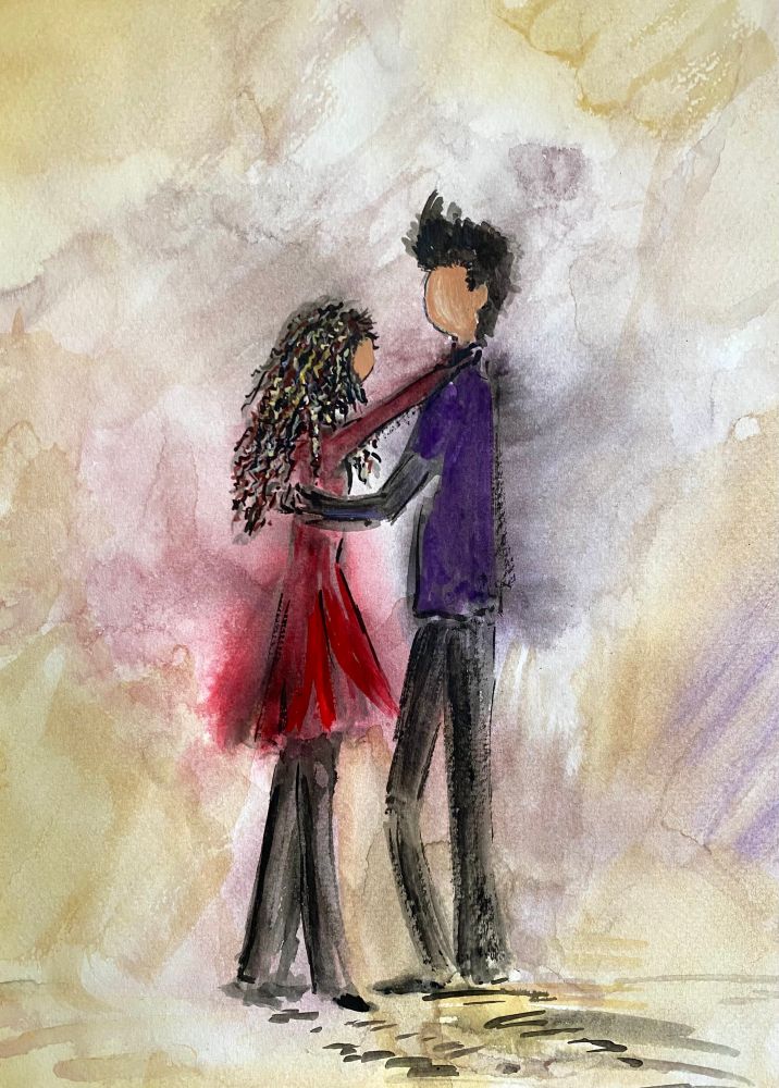 A first dance with a young girl in a red dress and and a young man in a purple top holding each other. 