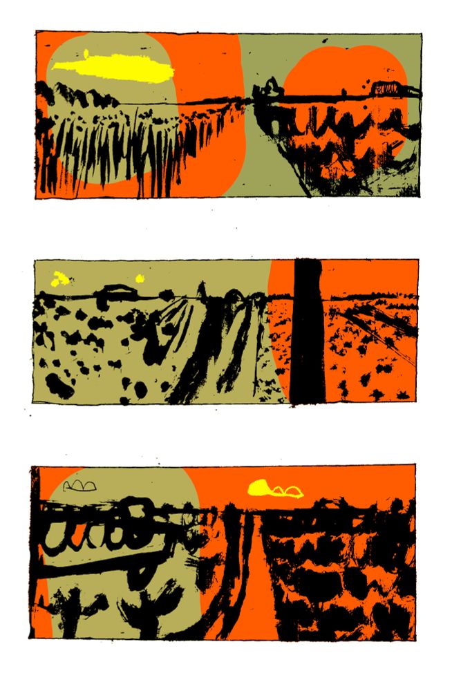 east of town 
crossing the big fields 

red and brown 
everything smells red and brown

five miles - a crude drawing 
then another five miles




