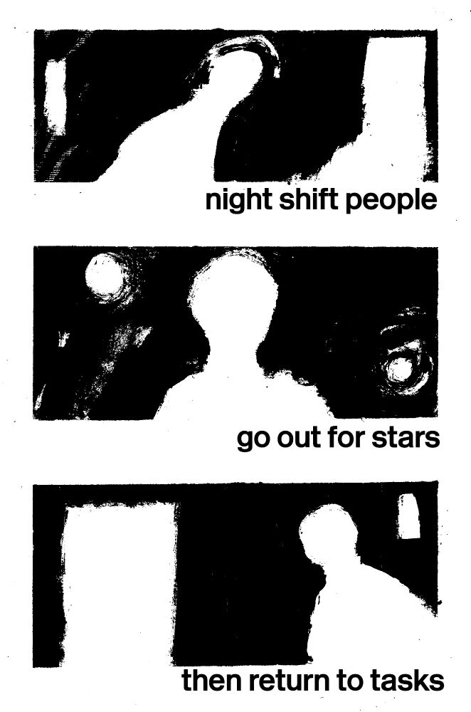 small hours
big time

night shift people (crude shapes in dark houses)
go out for stars during quiet patch

five minutes - Jupiter and a couple of Geminids
then return to tasks within 
