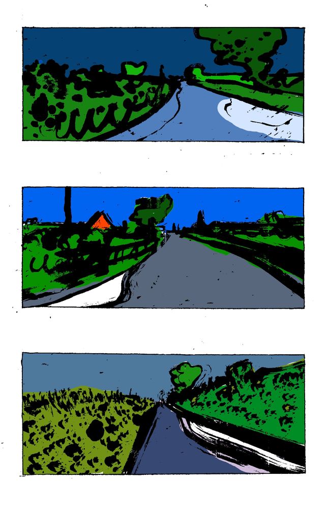 B roads - Lincolnshire
late July - a wet morning

between squalls / shiny tarmac
a red gable in green boundaries

slate grey and fresh 
a lumpy field with murk