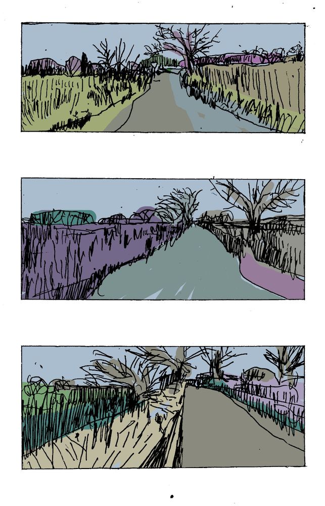 three views on one road 
scrubby patch - tree - bare / flat 

a Humbrol palette - field grey - drab 
mottled dim bits - Bruegel and hedges

leaning into the day / everything
the path of resistance 