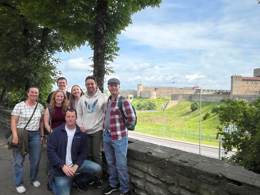 Posing with students in front of Ivangorod on the Narva side.