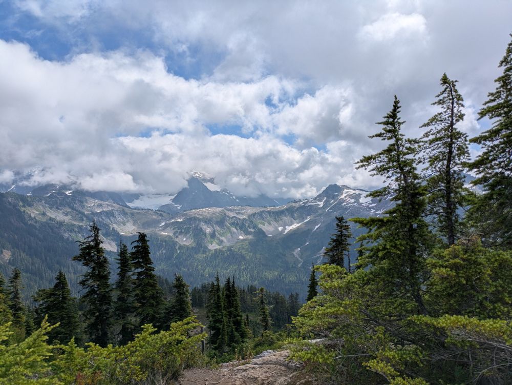 Mountain landscape with some evergreens in the foreground.