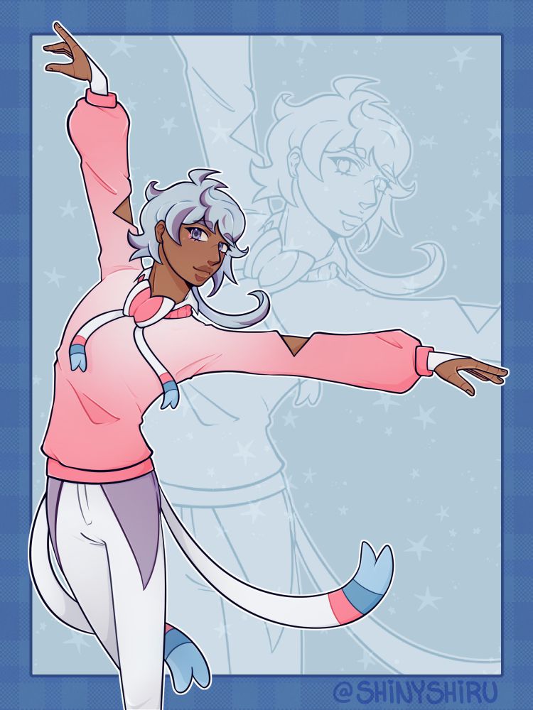 Knee-up image of @whataboutsprout.bsky.social‬ 's original character, Omi. He is a character meant to fit in the world of Pokémon. He is posed elegantly, similarly to a graceful pose seen in ballet. Behind Omi is a faint afterimage of himself and light stars on a blue background.