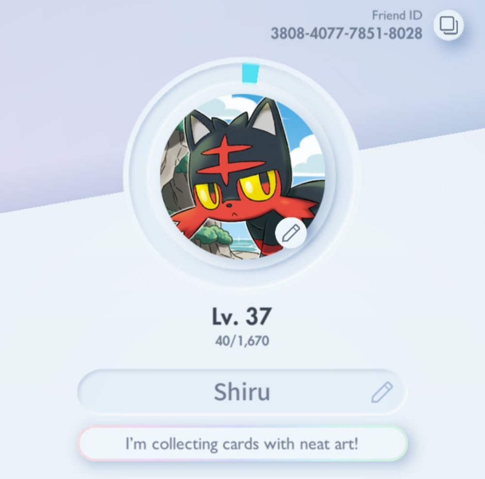 My profile on Pokémon TCGP. Friend ID is: 3808-4077-7851-8028.