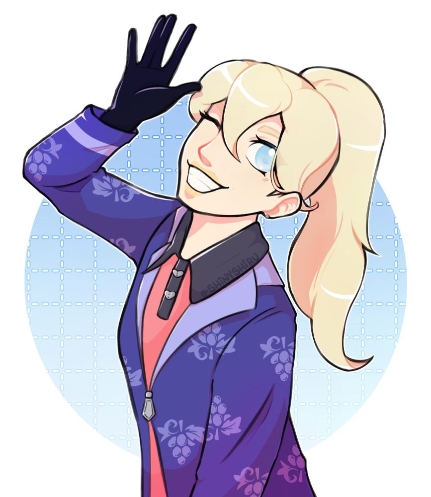 Half body of @simplyparadise_ig 's original character, Violet. She is winking and smiling at the viewer while waving with her right hand. Behind Violet is a light blue, circular background with patterned, white dotted lines.

🎨 - Me