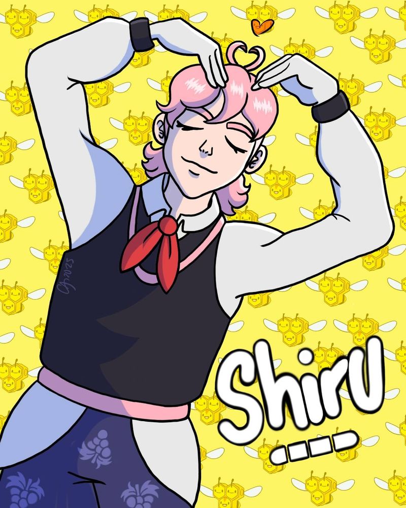 Half body of my Pokémon persona, Shiru. He is making the shape of a heart with his arms with his eyes closed and smiling softly. Behind him is a yellow background with a repeating pattern of the Pokémon Combee.

🎨 - simplyparadise_ig on Instagram