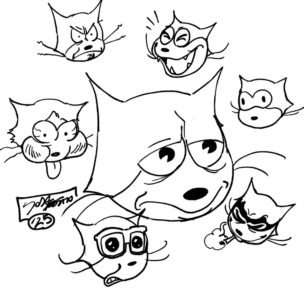 Several Felix expression drawings. A larger one in the center is surrounded by six smaller drawings.