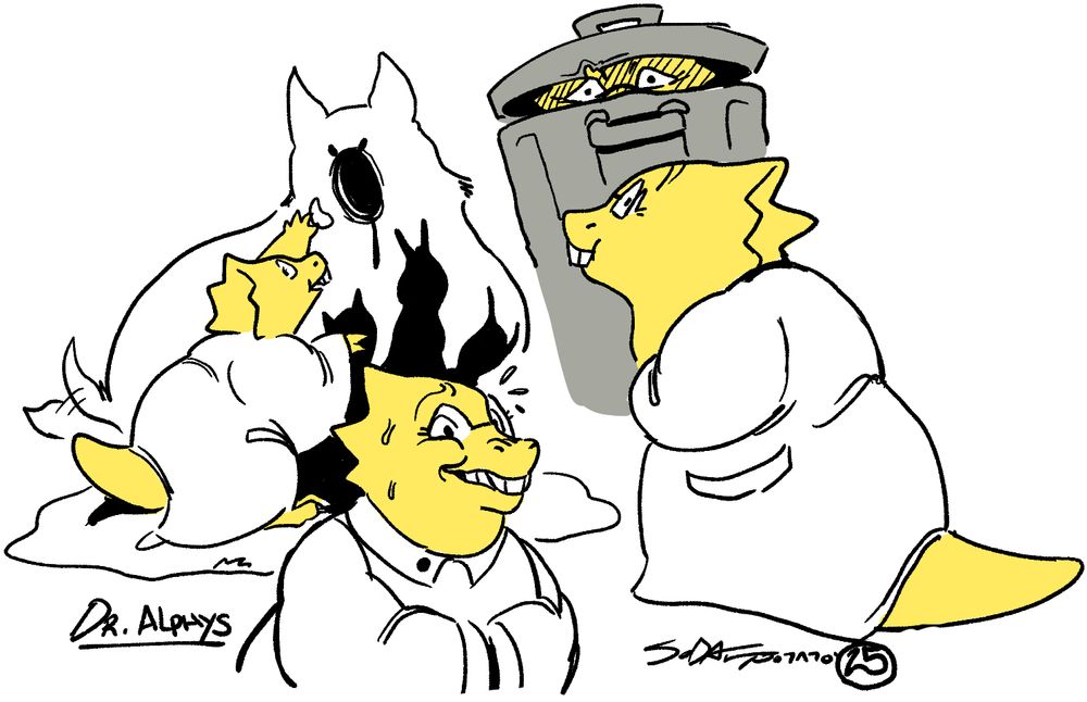 My style for Dr. Alphys. In one drawing, she offers Endogeny a chip.