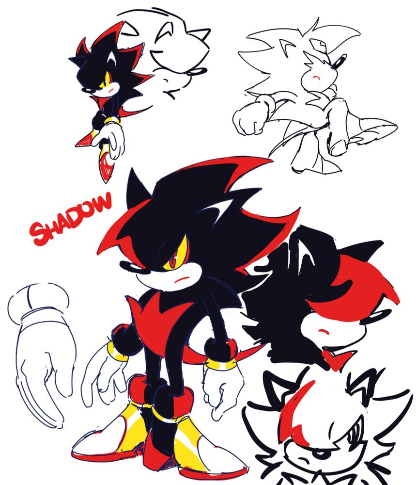 Drawings of a Shadow the Hedgehog redesign. He has a single exposed red-and-yellow eye. The other is covered by hair.