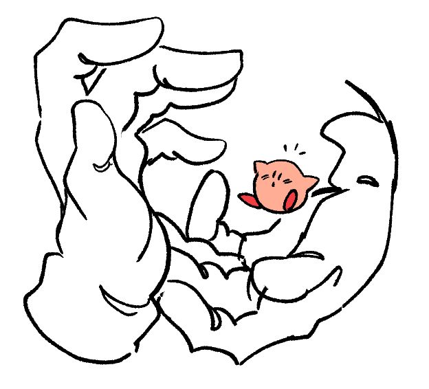 Kirby being tossed by two large white hands