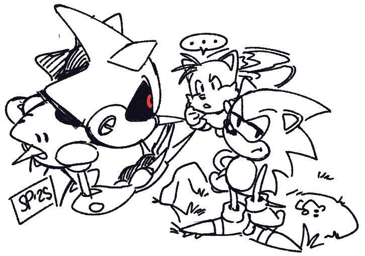 More of the remarkably Sonic-shaped robot. Sonic looks unimpressed.