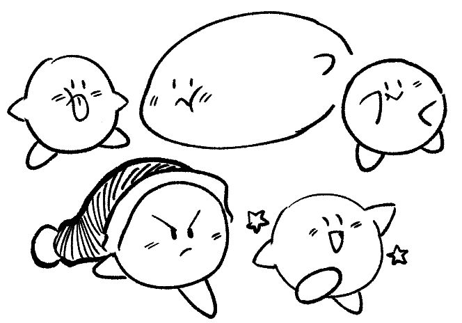 Drawings of Kirby making different expressions. Two special drawings of Kirby resembling his balloon form at the end of Dream Land and another with a sleeping cap