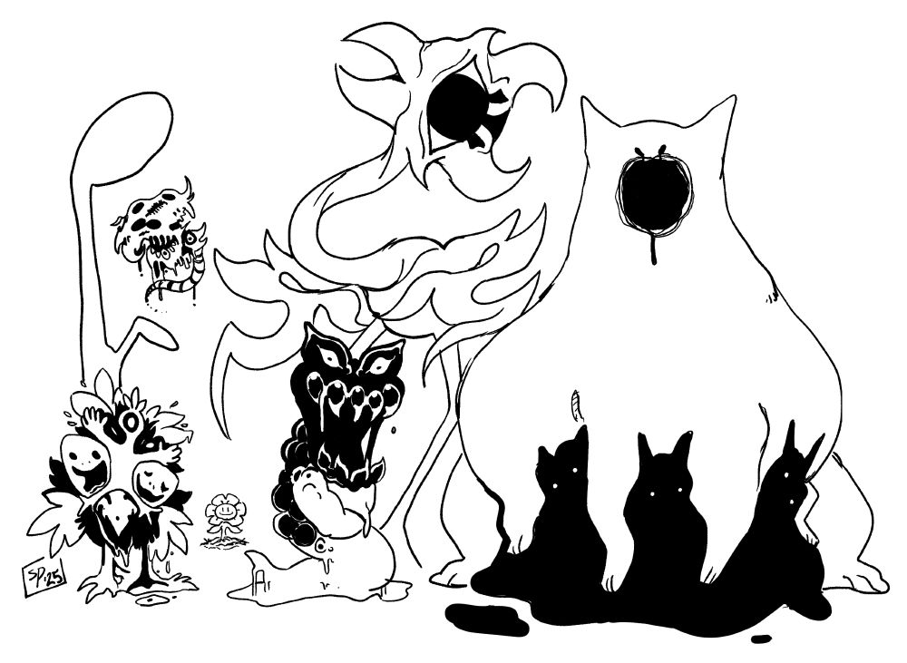 Illustration of the True Lab Amalgamates looking at the viewer. Endogeny, Reaper Bird, Lemon Bread, Snowdrake's Mother, Memoryhead, and the thin figure (that tucks the player in) are present. There's also a little flower just behind them...